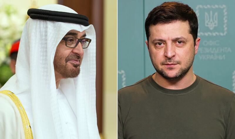 Sheikh Mohamed bin Zayed, Crown Prince of Abu Dhabi and Deputy Supreme Commander of the Armed Forces, told Ukraine's president, Volodymyr Zelenskyy, that the UAE was keen to provide aid to civilians. Photo: Mohamed Al Hammadi / Crown Prince Court - Abu Dhabi / AFP