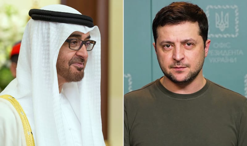 President Sheikh Mohamed and Ukrainian President Volodymyr Zelenskyy. The two leaders expressed their wish for bilateral ties between their countries to grow stronger. AFP