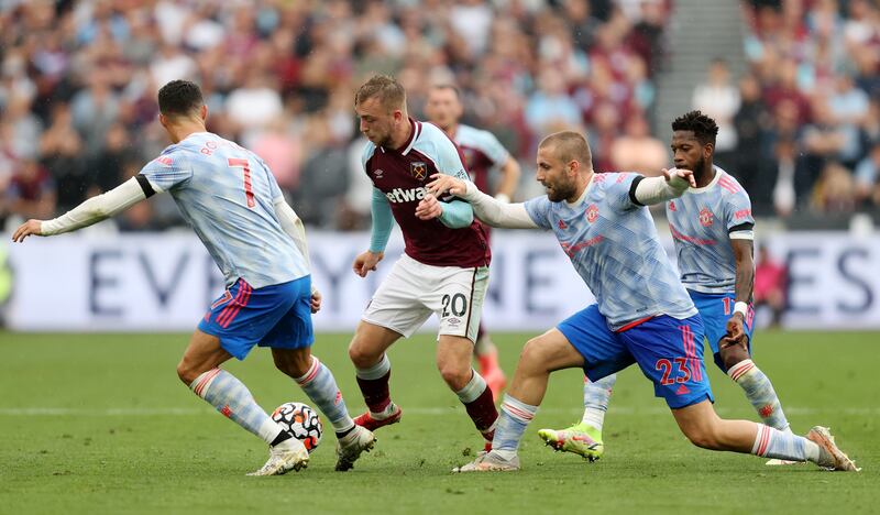 West Ham forward Jarrod Bowen on the ball as Luke Shaw and Cristiano Ronaldo attempt to challenge. Getty Images