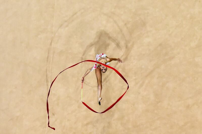 Russia's Dina Averina competes in the ribbon event of the rhythmic gymnastics individual final at the 2019 European Games in Minsk.  AFP