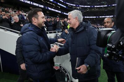 LONDON, ENGLAND - DECEMBER 22: Jose Mourinho, Manager of Tottenham Hotspur greets Frank Lampard, Manager of Chelsea prior to the Premier League match between Tottenham Hotspur and Chelsea FC at Tottenham Hotspur Stadium on December 22, 2019 in London, United Kingdom. (Photo by Tottenham Hotspur FC/Tottenham Hotspur FC via Getty Images)