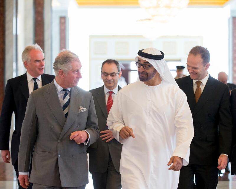 ABU DHABI, UNITED ARAB EMIRATES -February 21, 2014: HH General Sheikh Mohamed bin Zayed Al Nahyan Crown Prince of Abu Dhabi Deputy Supreme Commander of the UAE Armed Forces (R), receives HRH Prince Charles, Prince of Wales (L), at the Presidential Airport prior to a meeting in Abu Dhabi.
( Ryan Carter / Crown Prince Court - Abu Dhabi )
---