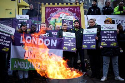 Ambulance workers take part in a strike, amid a dispute with the government over pay, outside NHS London Ambulance Service in London, on December 21, 2022. Reuters
