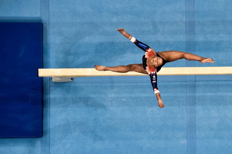 Great Britain's Georgia-Mae Fenton competes in the balance beam event at the 2019 European Games in Minsk. AFP