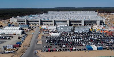 The construction site of the new Tesla Gigafactory for electric cars is pictured in Gruenheide near Berlin, Germany, Tuesday, April 27, 2021. Factories in Berlin and Austin, Texas, are on track to start producing this year. (AP Photo/Michael Sohn)