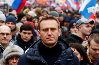 Alexei Navalny takes part in a march at Strastnoy Boulevard in memory of Russian politician and opposition leader Boris Nemtsov. Getty Images