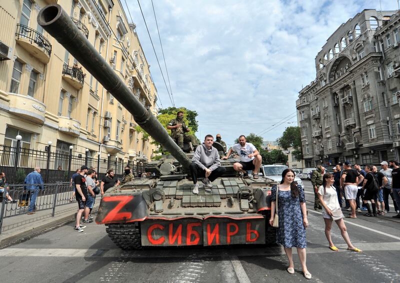 A Wagner group tank draws a crown of civilians in the southern Russian city of Rostov-on-Don. EPA