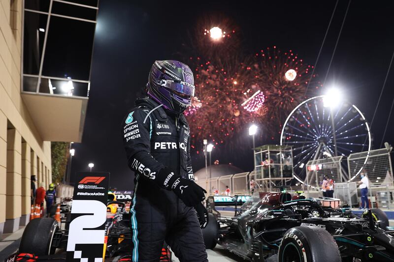 Mercedes driver Lewis Hamilton after winning the Bahrain Grand Prix .Getty