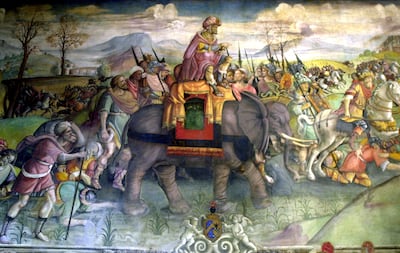 A painting in the Capitole museum shows Hannibal riding his elephant towards Rome. Getty Images