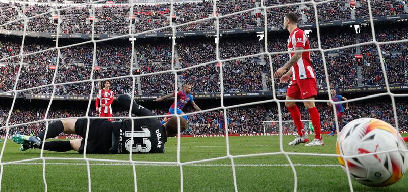 Barcelona's Dani Alves scores their fourth goal. Reuters