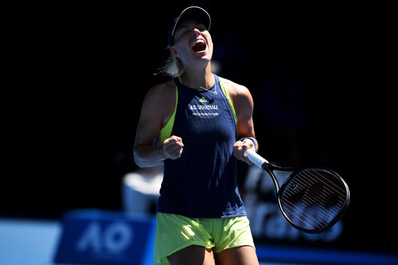 epa06463330 Angelique Kerber of Germany celebrates her win against Hsieh Su-Wei of Taiwan during their fourth round match on day eight of the Australian Open tennis tournament, in Melbourne, Victoria, Australia, 22 January 2018.  EPA/LUKAS COCH AUSTRALIA AND NEW ZEALAND OUT