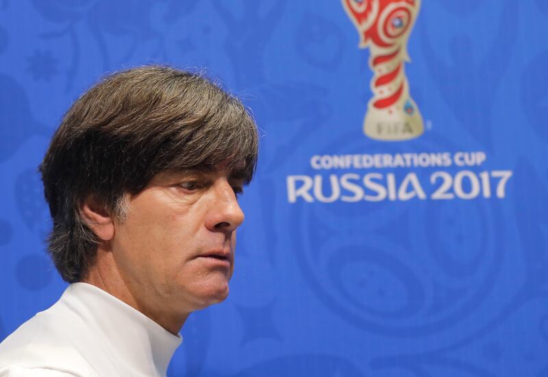 Germany manager Joachim Low arrives at a news conference at the Fisht Stadium in Sochi, Russia, Wednesday, June 28, 2017. Germany will play against Mexico in semi-final of the Confederations Cup on Thursday.