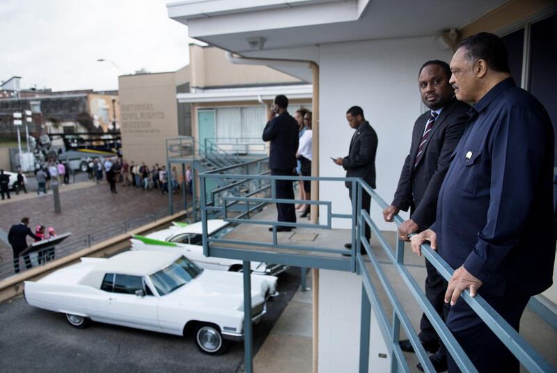 Rev Jesse Jackson visits the balcony outside room 306 at the Lorraine Motel, where Martin Luther King J. was assassinated. King was assassinated 50 years ago on April 4, 1968, as he stepped to the balcony. Brendan Smialowski / AFP