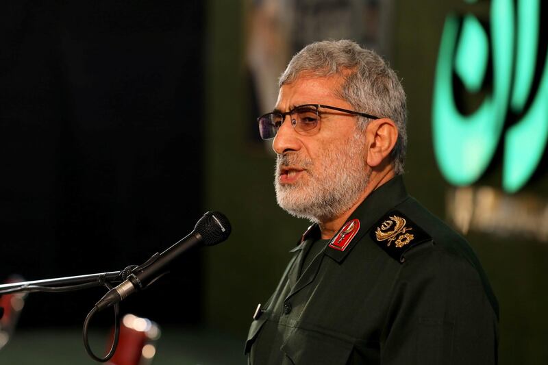 Brigadier General Esmail Ghaani, head of Iran’s elite Quds Force, gives a speech during a ceremony in Tehran January 1, 2021 as part of commemorations of the killing of his predecessor, Qassem Suleimani in a US attack one year ago. West Asia News Agency via Reuters