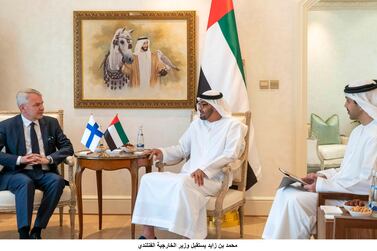 Sheikh Mohamed bin Zayed, Crown Prince of Abu Dhabi and Deputy Supreme Commander of the UAE Armed Forces  meets with Pekka Haavisto, Foriegn Minister of Finland (L), at the Sea Palace. ( Rashed Al Mansoori / Ministry of Presidential Affairs )