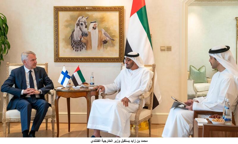 ABU DHABI, UNITED ARAB EMIRATES - July 18, 2019: HH Sheikh Mohamed bin Zayed Al Nahyan, Crown Prince of Abu Dhabi and Deputy Supreme Commander of the UAE Armed Forces (C) meets with HE Pekka Haavisto, Minister of Foreign Affairs of Finland (L), at the Sea Palace. Seen with HH Sheikh Abdullah bin Zayed Al Nahyan UAE Minister of Foreign Affairs and International Cooperation (R).

( Rashed Al Mansoori / Ministry of Presidential Affairs )
---