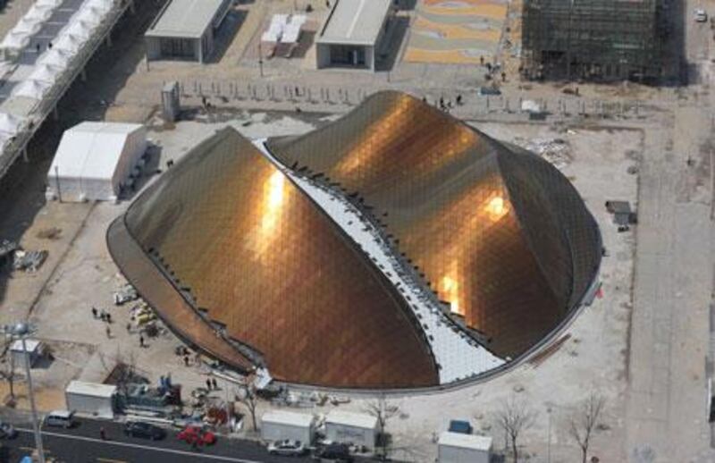 An aerial view of the United Arab Emirates Pavilion at the World Expo site in Shanghai, taken at the end of March March, 2010. Shanghai is set to open the World Expo on May 1 by setting the skies along its riverfront ablaze with fireworks, welcoming the huge showcase of culture and technology with a bang.