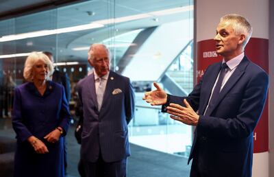Britain’s King Charles and his wife Camilla listen to BBC director general Tim Davie during a visit to the BBC World Service at BBC Broadcasting House in London.  AP