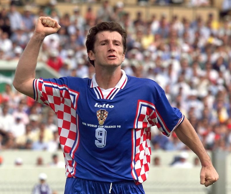 Croatian forward Davor Suker jubilates after scoring a penalty on June 30, 1998 at the Parc Lescure in Bordeaux during the 1998 World Cup second round match between Croatia and Romania. AFP Photo