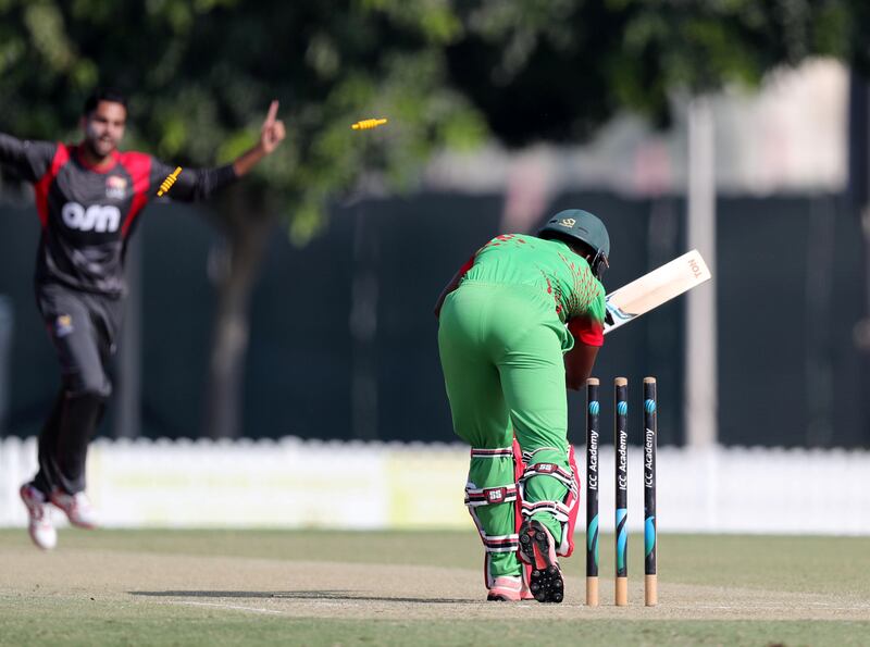 Dubai, United Arab Emirates - November 9th, 2017: UAE's Qadeer Ahmed takes his 1st wicket in the match between the UAE v Zimbabwe A compete in a 50 over match. Thursday, November 9th, 2017 at ICC Academy, Dubai. Chris Whiteoak / The National