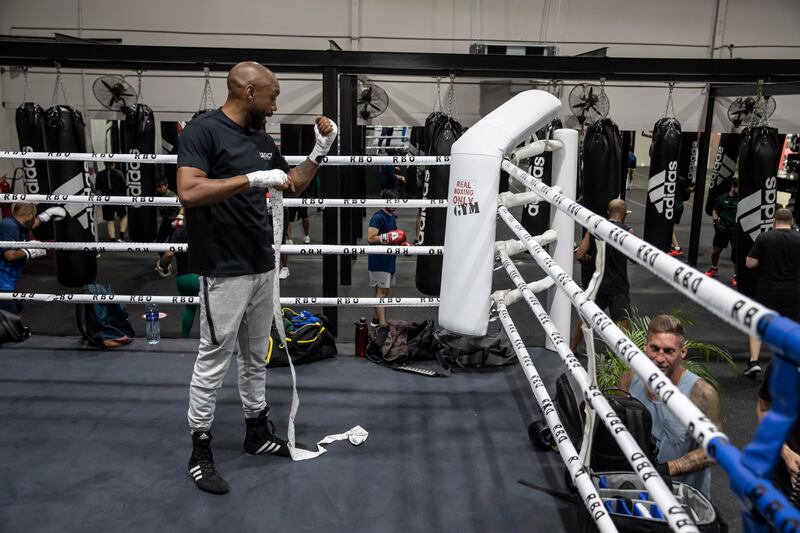 Boxer Austin Trout prepares at the Real Boxing Only Gym in Dubai.