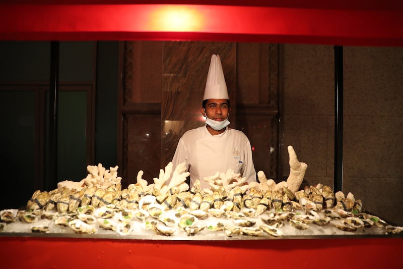 Freshly shucked oysters sourced from Classic Fine Foods, a supplier of premium ingredients in the UAE.