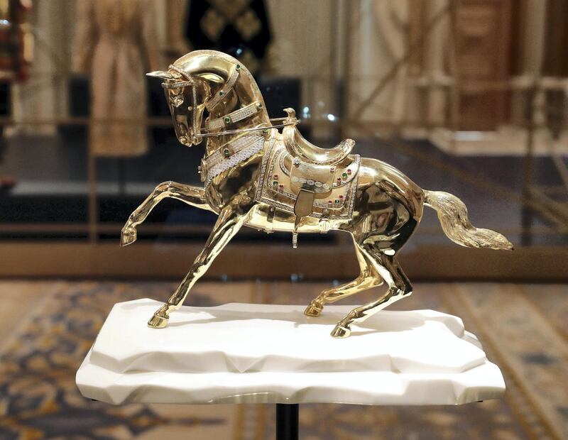 Abu Dhabi, United Arab Emirates - March 11, 2019: A Sculpture of a horse from from Turkmenistan in the Presidential gifts room. Exclusive preview and guided tour of Qasr Al Watan, the UAEÕs new cultural landmark. Monday the 11th of March 2019 at Qasr Al Watan, Abu Dhabi. Chris Whiteoak / The National