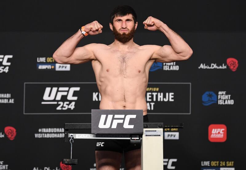 ABU DHABI, UNITED ARAB EMIRATES - OCTOBER 23: Magomed Ankalaev of Russia poses on the scale during the UFC 254 weigh-in on October 23, 2020 on UFC Fight Island, Abu Dhabi, United Arab Emirates. (Photo by Josh Hedges/Zuffa LLC)