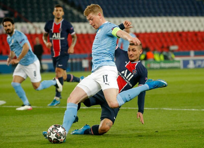 Kevin De Bruyne - 7: City’s talisman attacked box down left after 38 minutes but his fine ball into middle was crying out for the centre-forward City needed on pitch. Enjoyed huge slice of luck when cross from left curled into far corner after 64 minutes. Booked for foul on Danilo with five minutes to go that PSG claimed was same as Gueye’s red, which it certainly wasn’t. EPA
