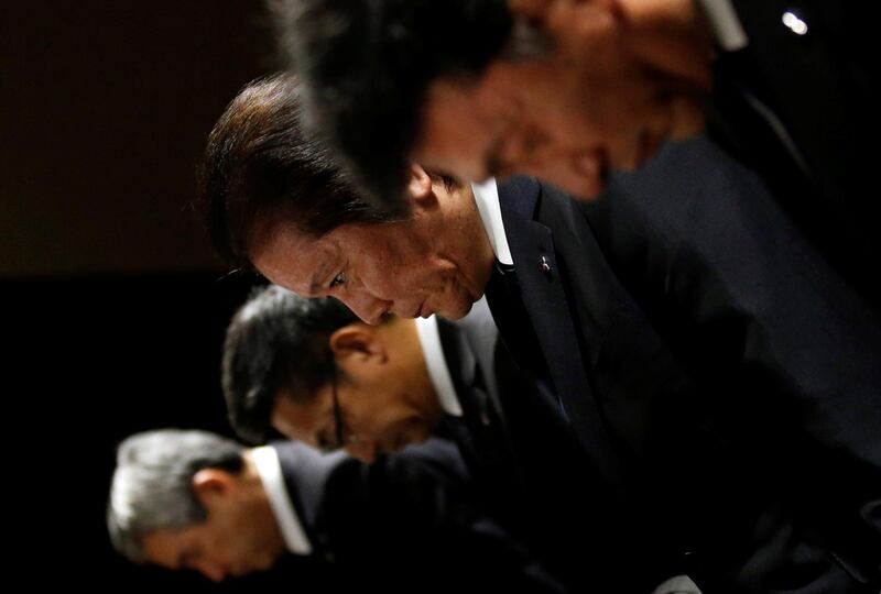 Mitsubishi Materials Corp. president Akira Takeuchi bows with executive vice president Naoki Ono , Mitsubishi Shindoh Co. President Kazumasa Hori and Mitsubishi Cable Industries Ltd. president Nobuhiro Takayanagi during a news conference in Tokyo, Japan. Toru Hanai / Reuters