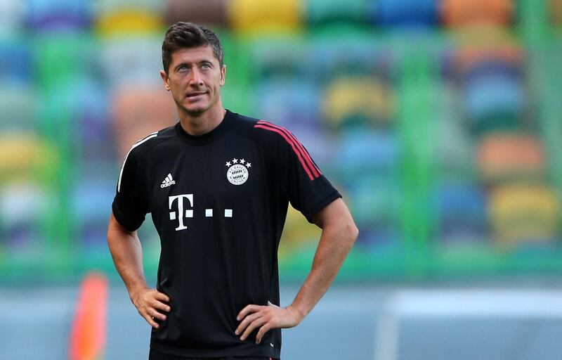 Robert Lewandowski of Bayern during training in Lisbon on Tuesday. EPA