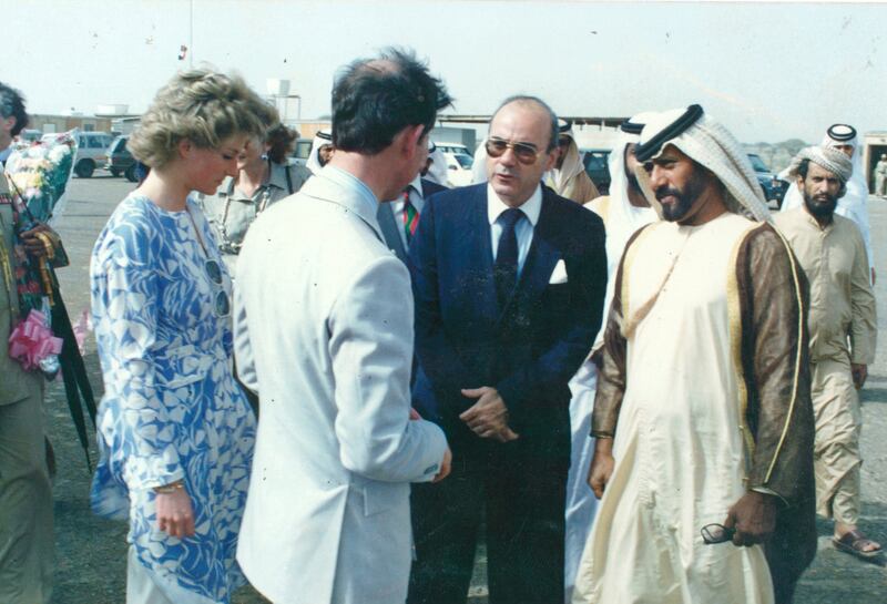 Sheikh Tahnoun bin Mohammed recieving HRH Prince of Wales and Princess of Wales at AlAin airport. (Courtesy Al Ittihad)