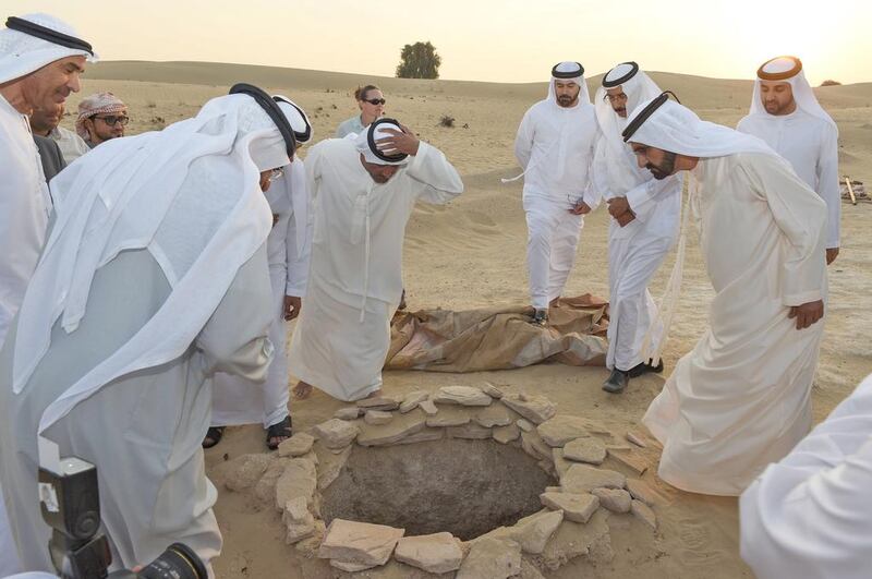 Sheikh Mohammed bin Rashid, Vice President and Ruler of Dubai, inspects the excavations at Saruq Al-Hadid. Wam