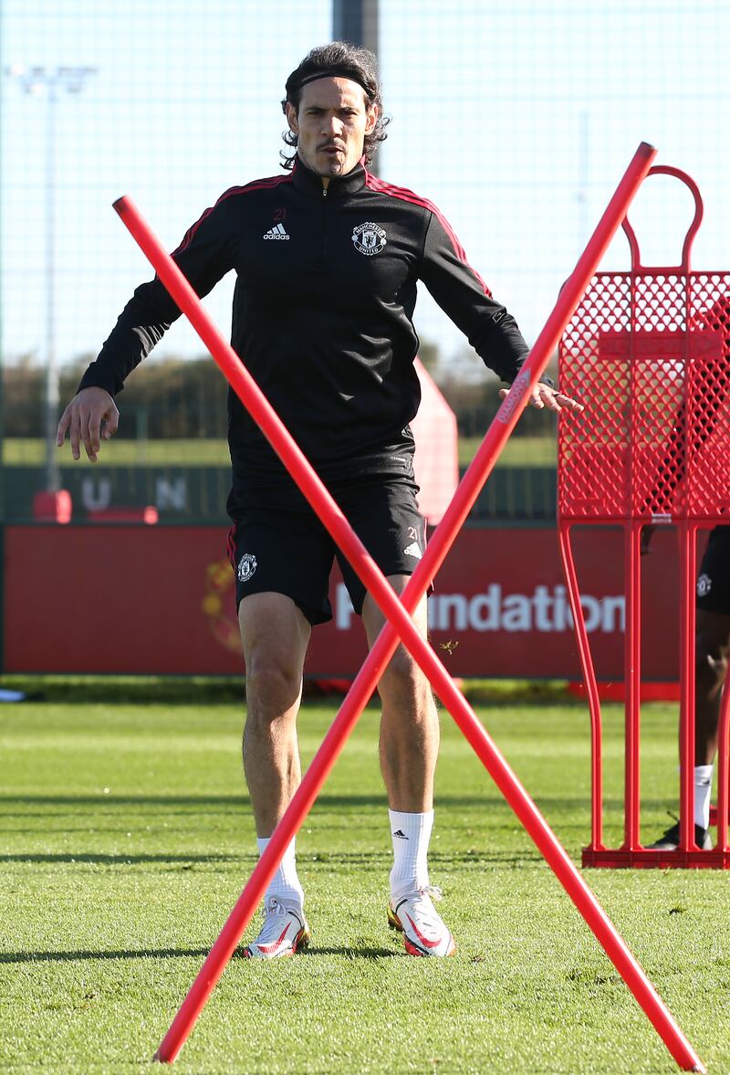 Edinson Cavani of Manchester United in action during a first team training session at Carrington Training Ground.