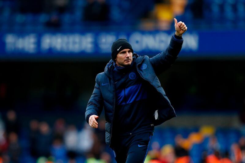 Chelsea's English head coach Frank Lampard salutes the fans after winning the English Premier League football match between Chelsea and Everton at Stamford Bridge in London on March 8, 2020. RESTRICTED TO EDITORIAL USE. No use with unauthorized audio, video, data, fixture lists, club/league logos or 'live' services. Online in-match use limited to 120 images. An additional 40 images may be used in extra time. No video emulation. Social media in-match use limited to 120 images. An additional 40 images may be used in extra time. No use in betting publications, games or single club/league/player publications.
 / AFP / Adrian DENNIS / RESTRICTED TO EDITORIAL USE. No use with unauthorized audio, video, data, fixture lists, club/league logos or 'live' services. Online in-match use limited to 120 images. An additional 40 images may be used in extra time. No video emulation. Social media in-match use limited to 120 images. An additional 40 images may be used in extra time. No use in betting publications, games or single club/league/player publications.
