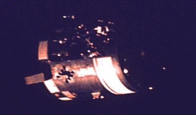 The Apollo 13 crew capsule photographed in space. Photo: Nasa