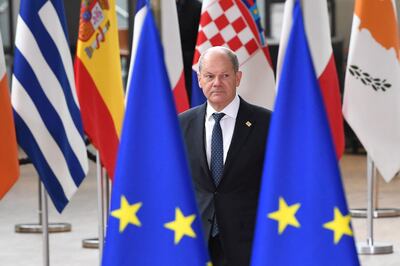 Germany's Chancellor Olaf Scholz arrives for the first day of a special meeting of the European Council at in Brussels on Monday. AFP