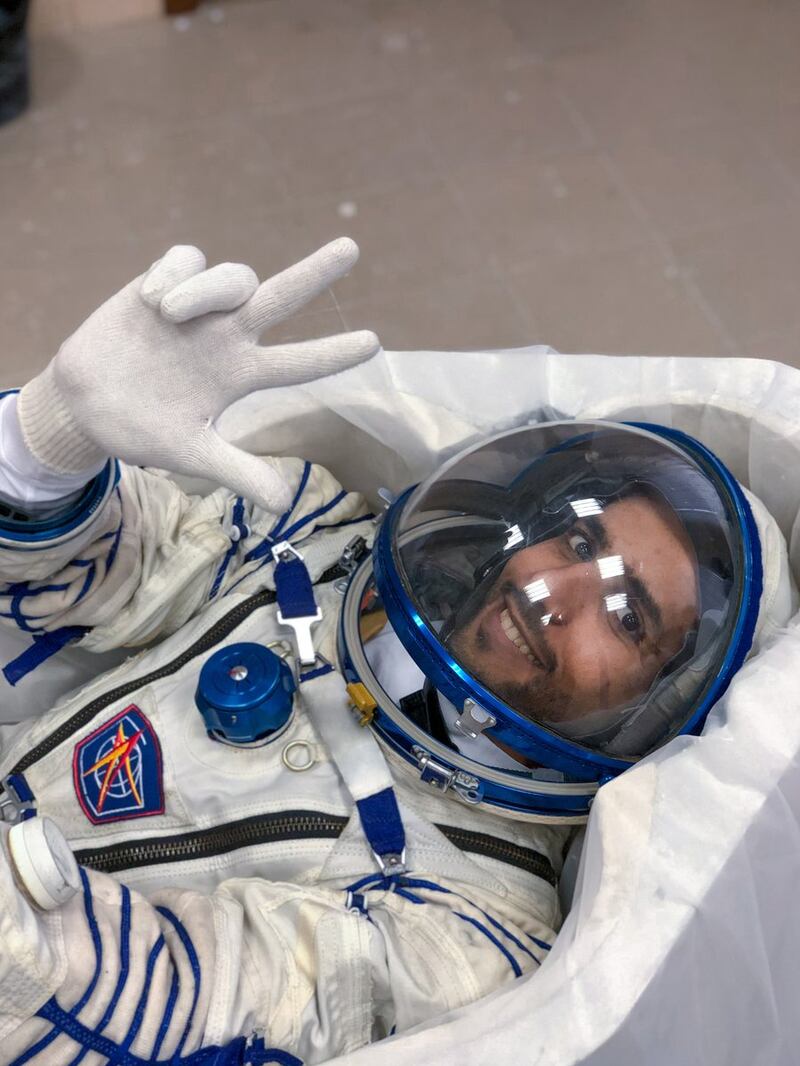 The UAE's first astronaut in space, Maj Hazza Al Mansour, wore a Russian Sokol suit. But this time, the chosen astronaut will be wearing a SpaceX suit. Photo: MBRSC 