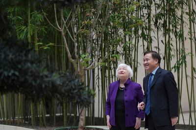 US Treasury Secretary Janet Yellen talks with Governor of the People's Bank of China Pan Gongsheng. EPA