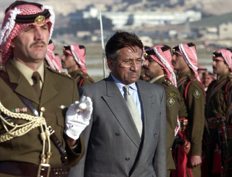 Mr Musharraf reviews the Bedouin guard of honour on his arrival at Amman airport on January 8, 2001. Reuters