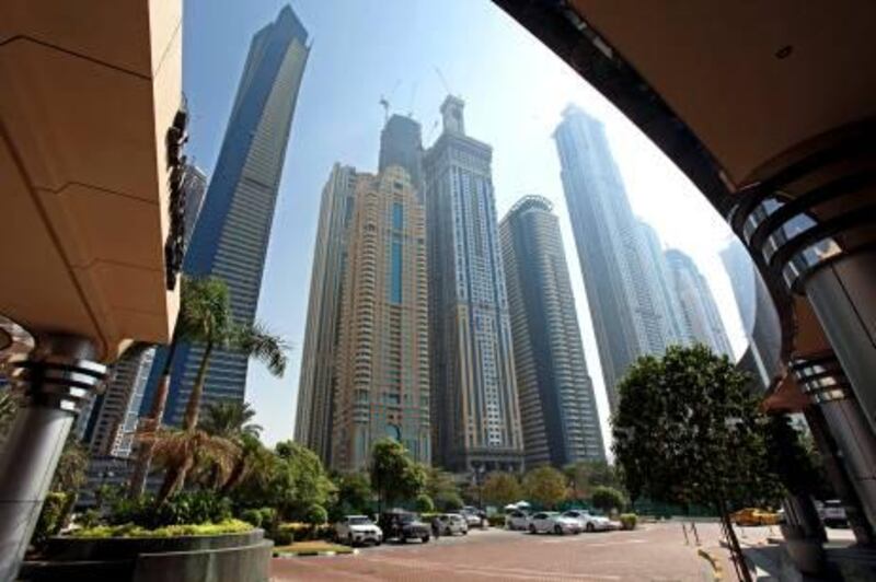 DUBAI, UNITED ARAB EMIRATES - OCTOBER 20:  A general view of a cluster of tall buildings under construction in the Marina area of Dubai on October 20, 2010.  (Randi Sokoloff for The National)  For Business story 