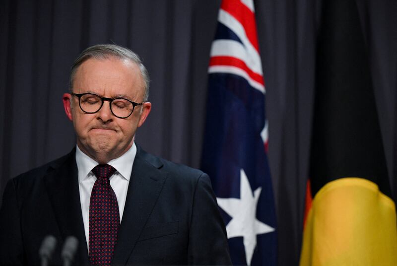 Australian Prime Minister Anthony Albanese delivers a statement on the outcome of the Voice Referendum. Voters on Saturday rejected a proposal to recognise indigenous people in the constitution.  Reuters