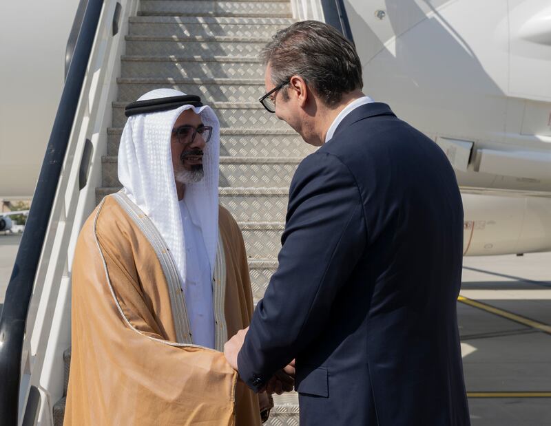 Sheikh Khaled bin Mohamed, Crown Prince of Abu Dhabi, arrives in Belgrade to be greeted by Mr Vucic
