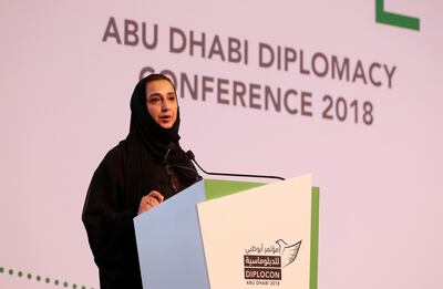 
ABU DHABI , UNITED ARAB EMIRATES , November 14  – 2018 :- Dr. Nawal Al-Hosany , Permanent Representative of the UAE to the International Renewable Energy Agency (IRENA) and Deputy Director General of the Emirates Diplomatic Academy speaking at the Diplocon , Abu Dhabi Diplomacy Conference 2018 held at the St. Regis Saadiyat Island Resort in Abu Dhabi. ( Pawan Singh / The National ) For News. Story by Gill Duncan / Daniel Sanderson
