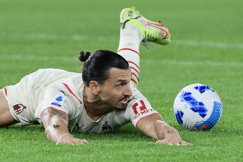 Zlatan Ibrahimovic falls during the Italian Serie A match. AFP