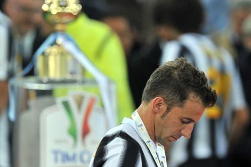 Juventus' forward Alessandro Del Piero reacts after the Cup of Italy Juventus vs Napoli at the Olympic Stadium in Rome on May 20, 2012. Napoli defeated Juventus by 2-0. AFP PHOTO / GABRIEL BOUYS

