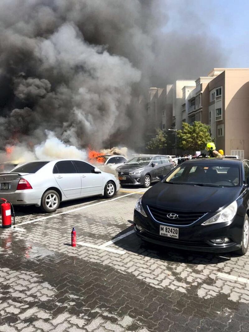 Two of the five vehicles were destroyed. Courtesy Dubai Civil Defence