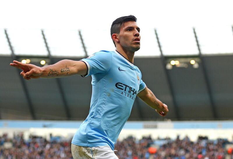 MANCHESTER, ENGLAND - DECEMBER 14:  Sergio Aguero of Manchester City celebrates after scoring the opening goal during the Barclays Premier League match between Manchester City and Arsenal at Etihad Stadium on December 14, 2013 in Manchester, England.  (Photo by Clive Brunskill/Getty Images)