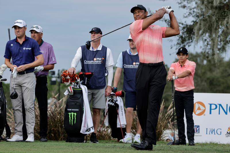 Tiger Woods tees off from the 10th hole during the first round of the PNC Championship. AP