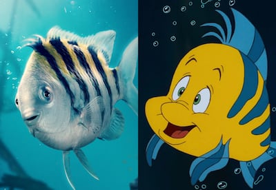 Flounder in Disney's live-action remake versus the 1989 animation. Photos: Disney